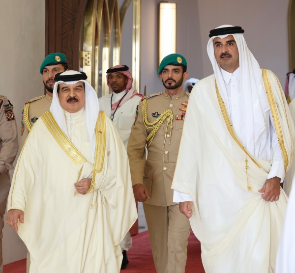 Emir of Qatar Tamim bin Hamad Al Thani receiving King of Bahrain Hamad bin Isa Al Khalifa in Doha - December 5, 2023